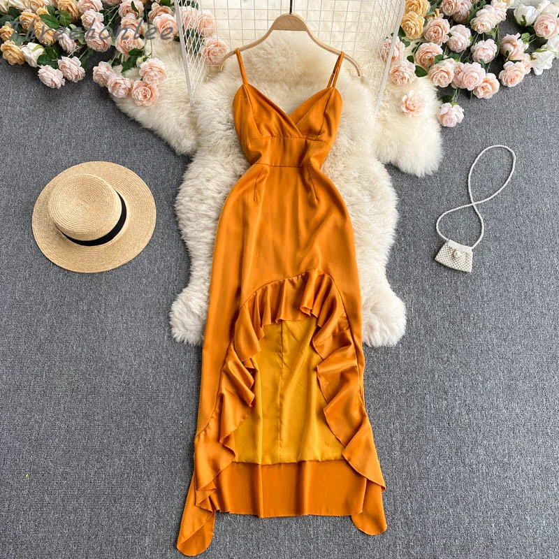 

2021 Summer New Fashion Elegant Sleeveless Vestidos Women's Temperament V-neck Irregular Flounced Harness Slim Midi Dress
