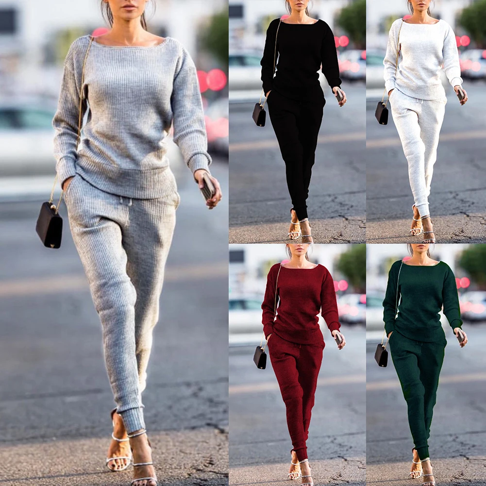 

2Pcs/1set Women Autumn Solid Color Ribbed O Neck Long Sleeve Top Long Pants Sport Tracksuit