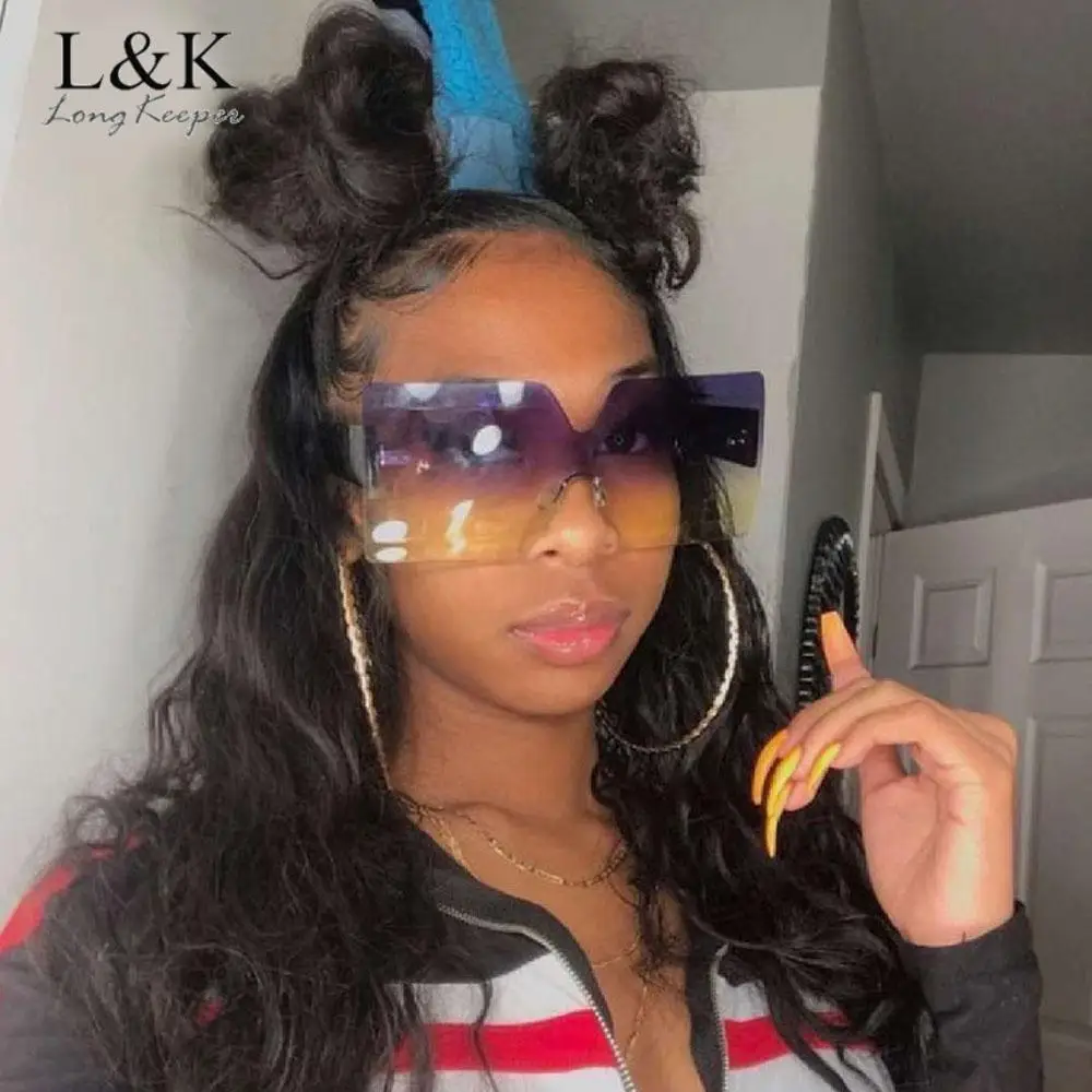 

Oversized Square Rimless Sunglasses Women Brand Designer Flat Top Big Sun Glasses Men One Piece Eyewear lunettes de soleil