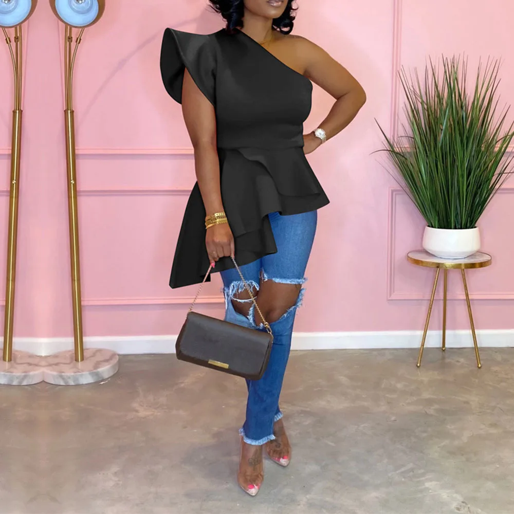 Сексуальная Блузка на одно плечо топы с высокой талией розовые красные длинные