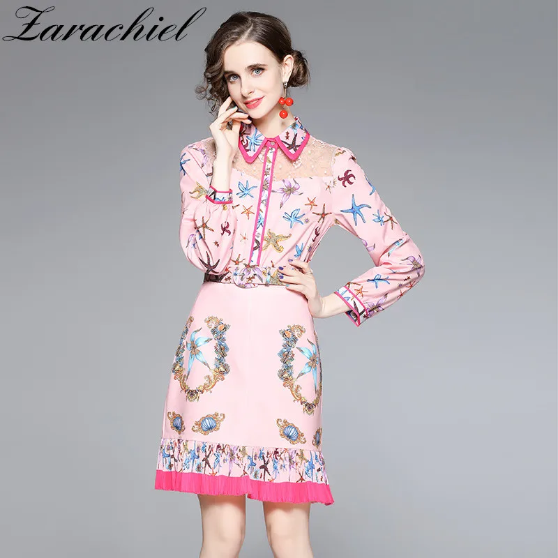 Женский костюм с юбкой-годе розовая кружевная блузка длинным рукавом и принтом