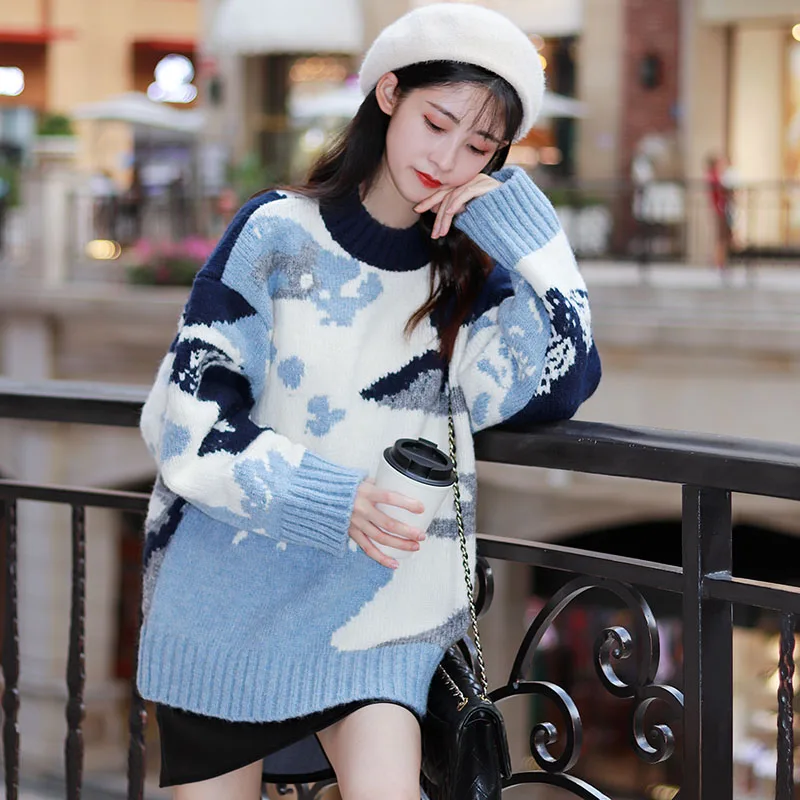 Young girl Sweaters Women's Clothing Blue New 2021 Winter Pullovers Knitted Loose Women Tops Long Sleeve Casual 511A | Женская
