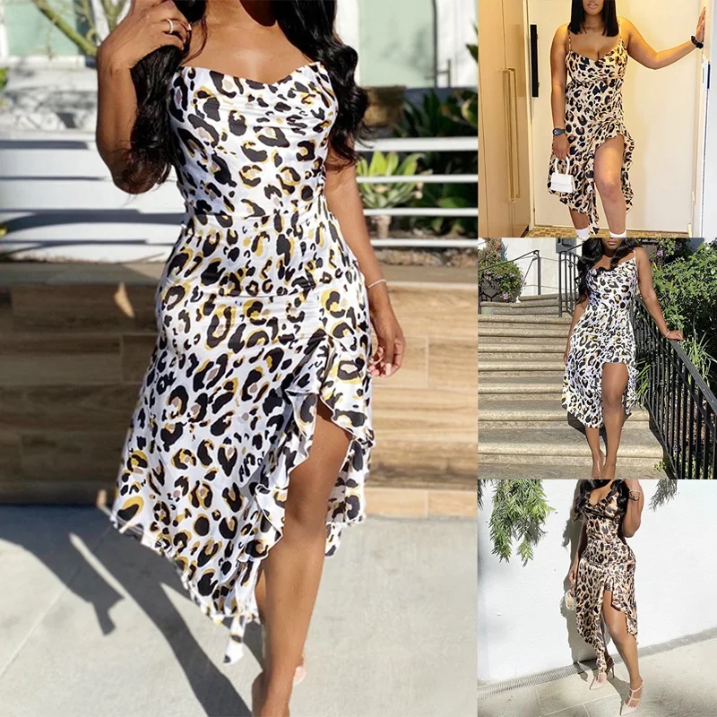 

Women's Fashion Leopard Print Ruffled Irregular Sling Dress