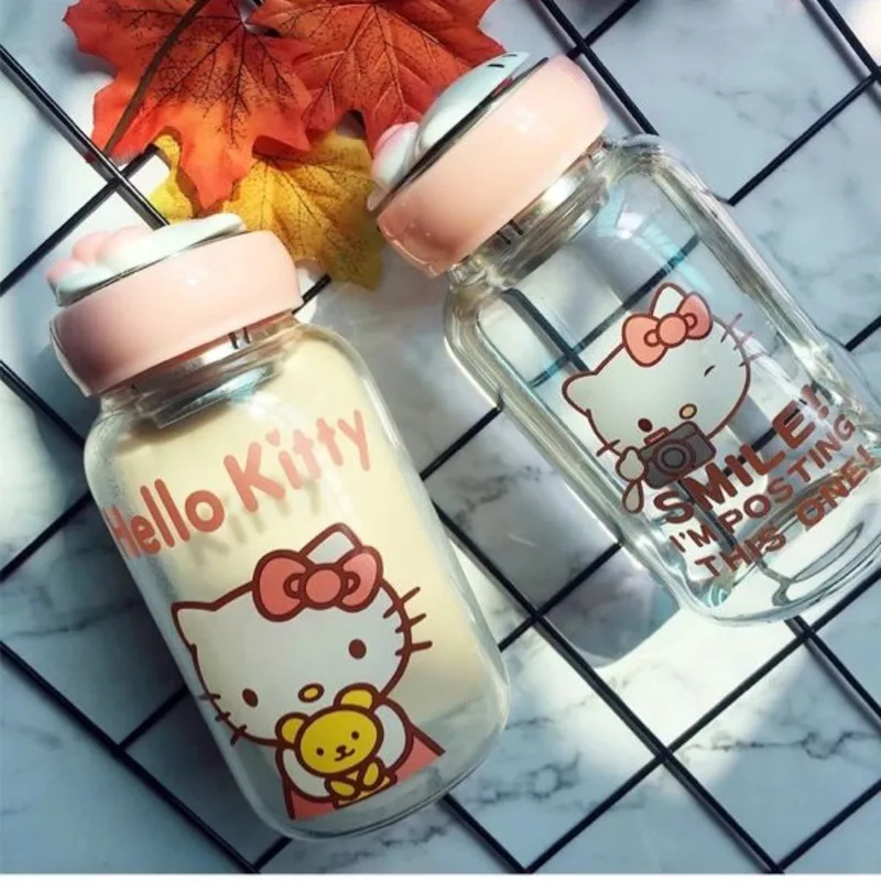 Botella de agua port&aacute;til para ni&ntilde;os y ni&ntilde;as, vaso de vidrio de Hello Cat doraemonado de dibujos animados Kawaii Kittyed de 600ml, para exteriores-5