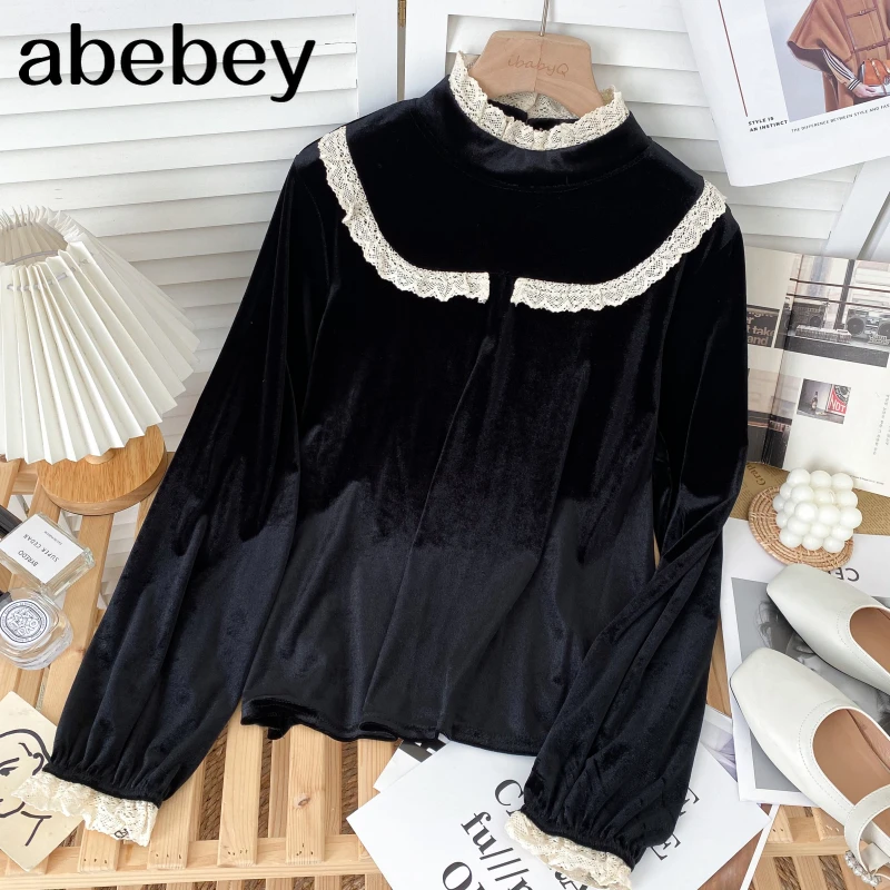 

Рубашка велюровая свободная с воротником-стойкой и длинным рукавом, на весну/осень