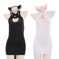 kawaii keyhole cat hollow out women lingerie set skinny cat ear headband dress neko cat tail sexy cosplay costume white black