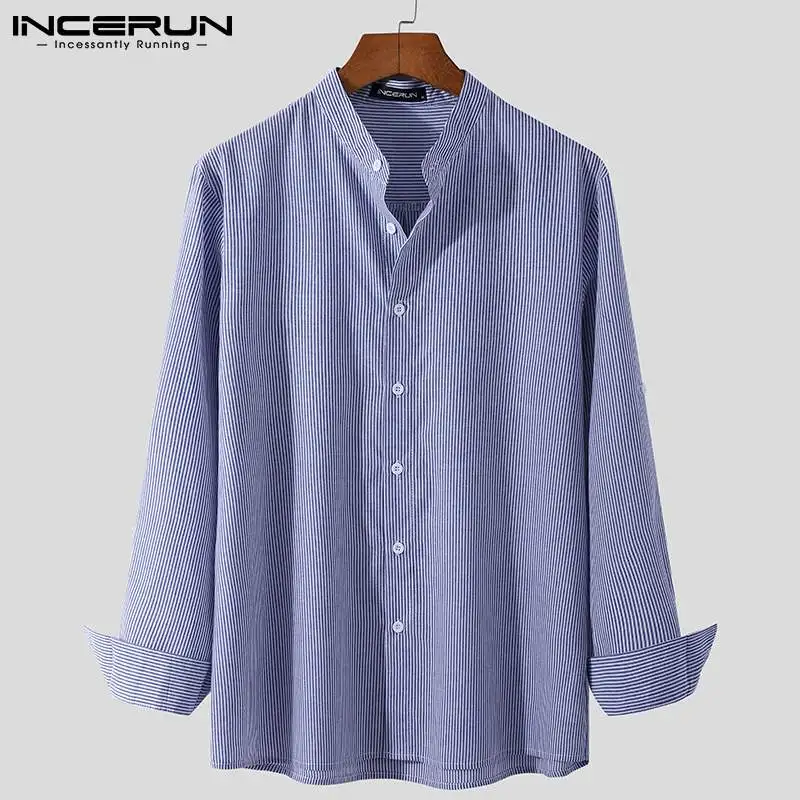 

Leisure Button Breathable Camisa Man Casual Blusas INCERUN 2021 Fashion Striped Shirt Men Long Sleeve Stand Collar Blouse 5XL 7