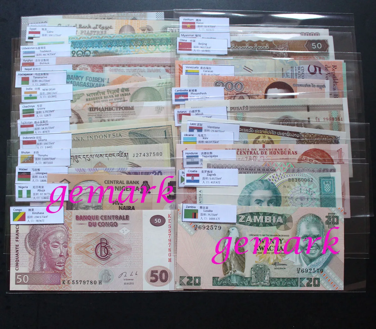 52 шт. прозрачные зарубежные банкноты с флагами на английском и китайском языках |