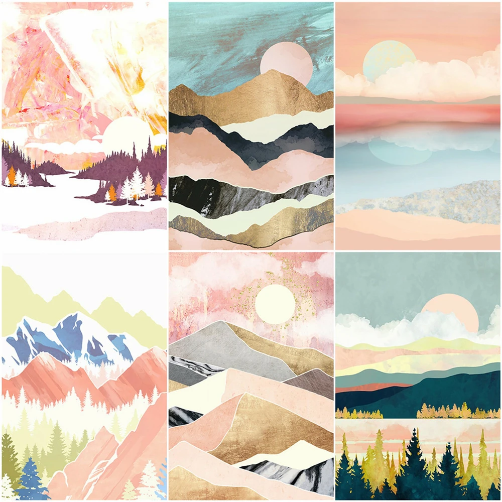 

5D DIY Poured Glue Diamond Painting Kits Scalloped Edge Mountain Sunrise Landscape Full Round Square With AB Drill Scenery Gift