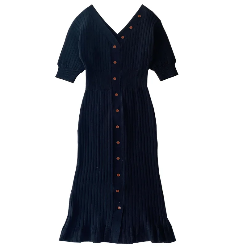

Elegant V-neck Silm Waist Knit Dresses for Women 2021 Summer Temperament Office Lady One Piece Casual Loose Vestido Feminino