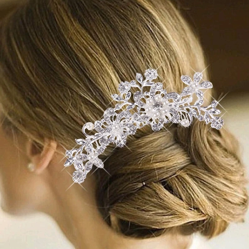 

Womens Wedding Elegant Five-Petal Crystal Hair Ornaments Flashing Crystal Pearl Bride Hair Comb Bridal Hair Accessories Jewelry