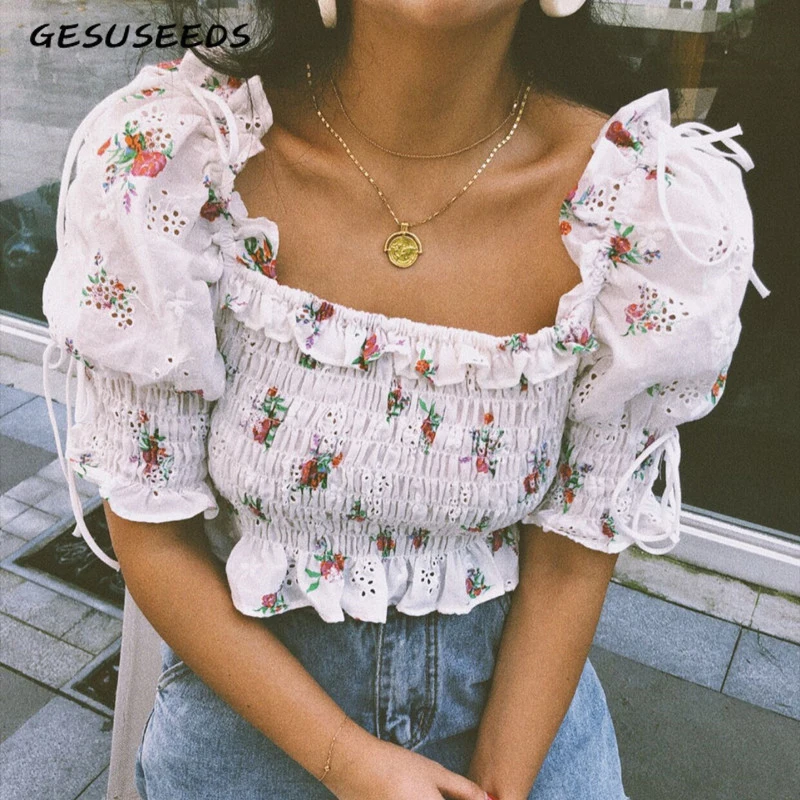 Женская винтажная блузка с коротким рукавом и цветочным принтом|Блузки| |