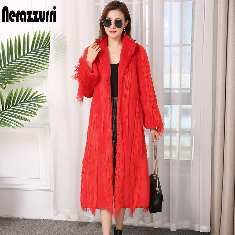 Nerazzurri Winter red long thick warm faux fur coat women Elegant patchwork overcoat fluffy outerwear fashion | Женская одежда