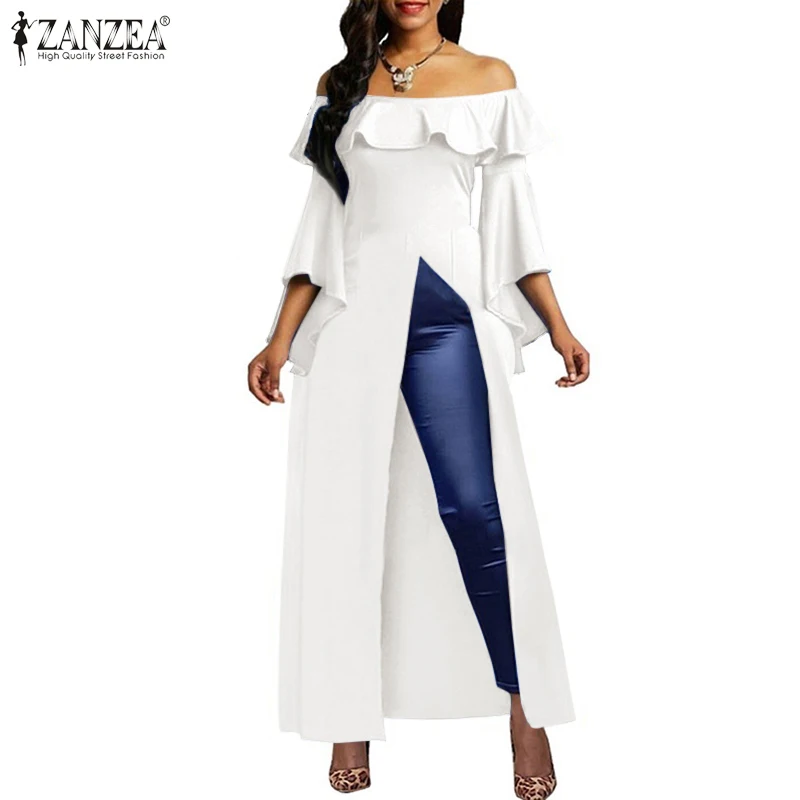 

2021 Autumn Solid Flared Sleeve Pullover ZANZEA Fashion Off Shoulder Tops Party Holiday Ruffle Blusa Womens Elegant Maxi Blouse