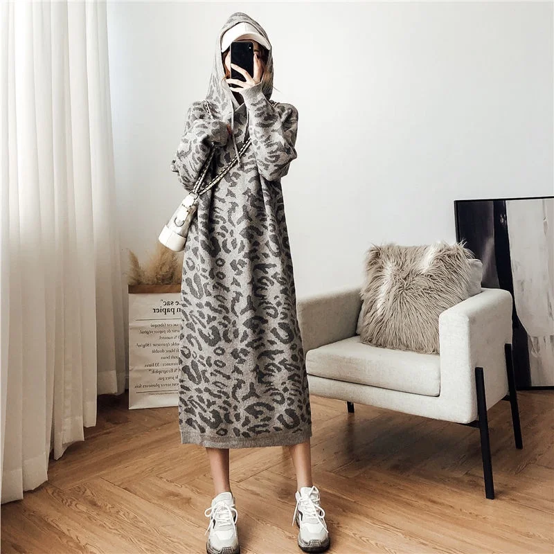 

New Winter Dress Female Leopard Grain Dress Leopard Hooded Show Thin Long Sweater Knitting Dress Woman