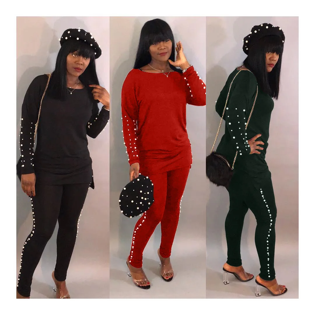 

Women's two-piece spring and autumn women's long-sleeved solid color fashion pearl casual sports suit