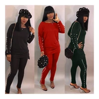 womens two piece spring and autumn womens long sleeved solid color fashion pearl casual sports suit
