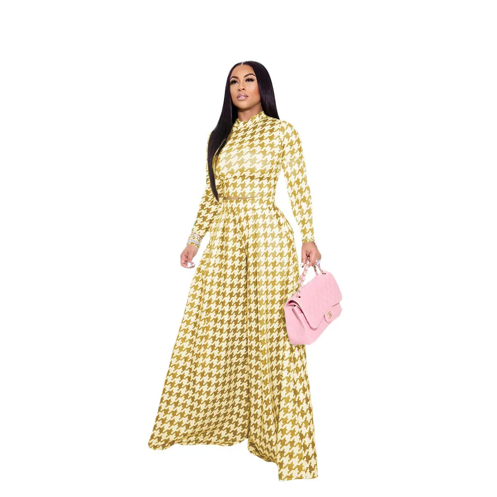 

Chiffon print round neck slim fitting long sleeve high waist straight tube wide leg and floor trousers autumn women's suit