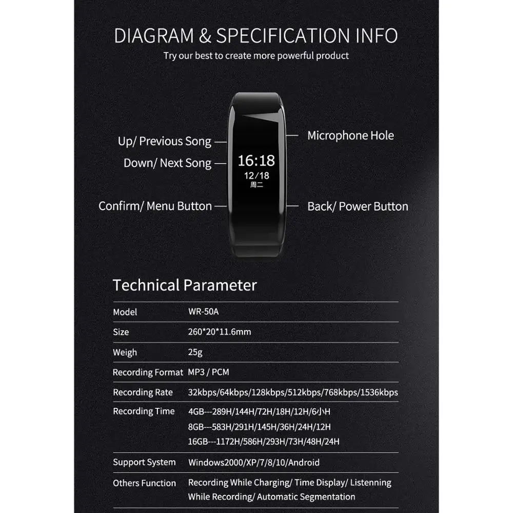 Часы-диктофон bluetooth MP3-плеер браслет Hi-Fi шумоподавление рекордер мини аудио t |