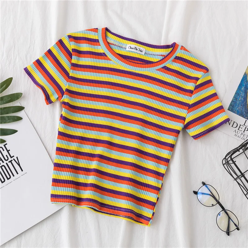 

E19 T-Shirt Women Cotton Rainbow Striped Tops Summer Short Sleeve Navel Skinny Stitching Korean Punk Crop Top Woman
