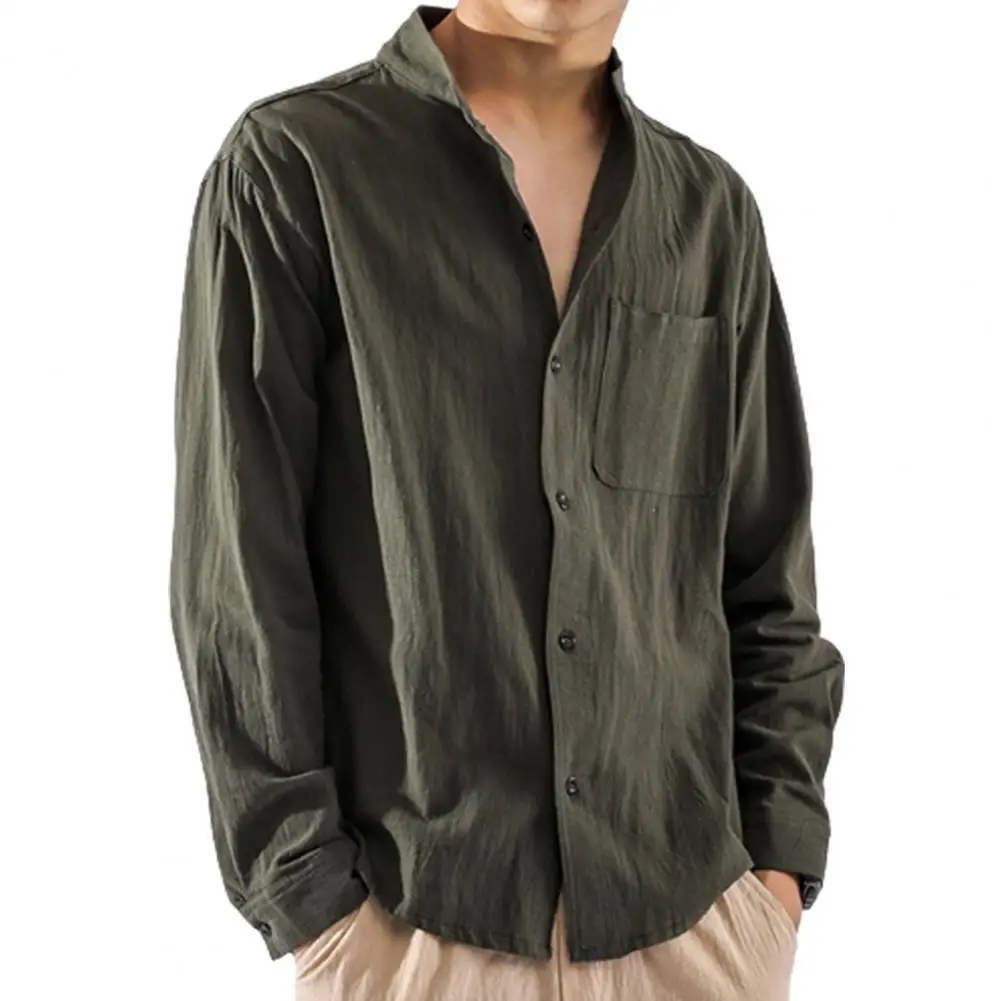 

Men Linen Shirt Solid Color Pocket Stand Collar Buttons Tops Cotton Linen Loose Coat Men's Shirt Loose Plus Size