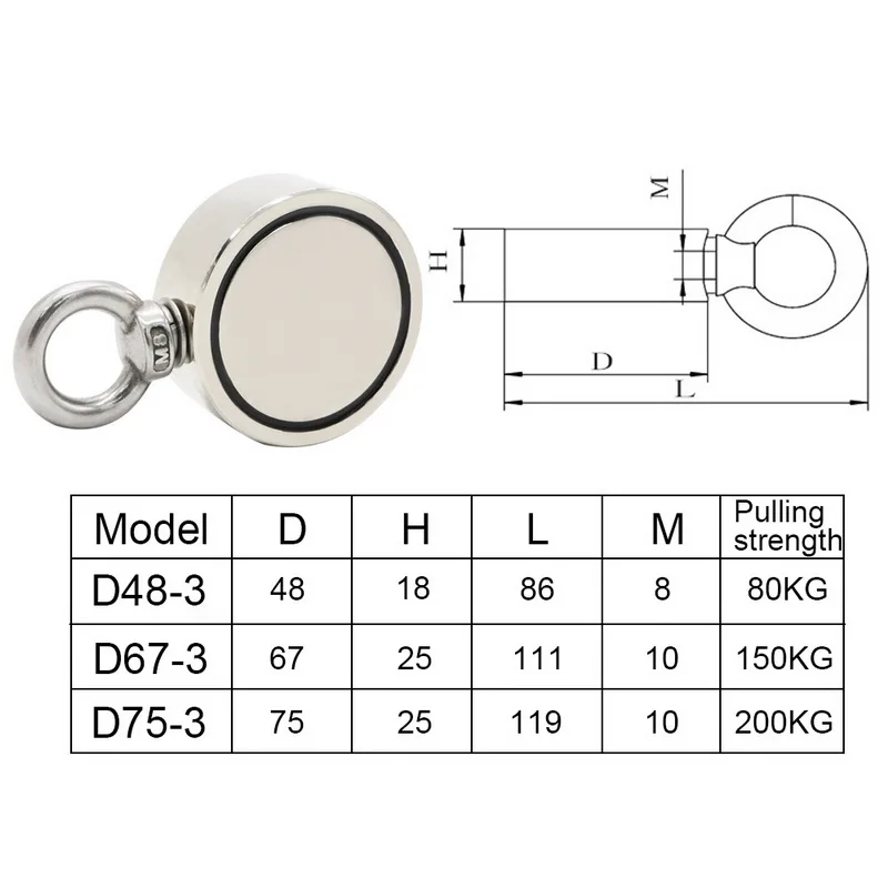 D48/D67/D75 двойная сторона супер сильный спасательный магнит горшок с Eyebolt для