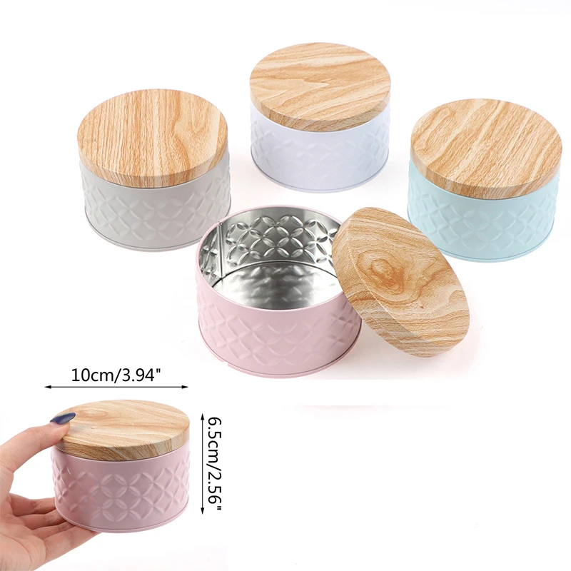 

High Quality Round Empty Iron Box With Wood Grain Lid Candy Storage Box Jewelry Cosmetic Case DIY Candle Making Jar 1Pcs