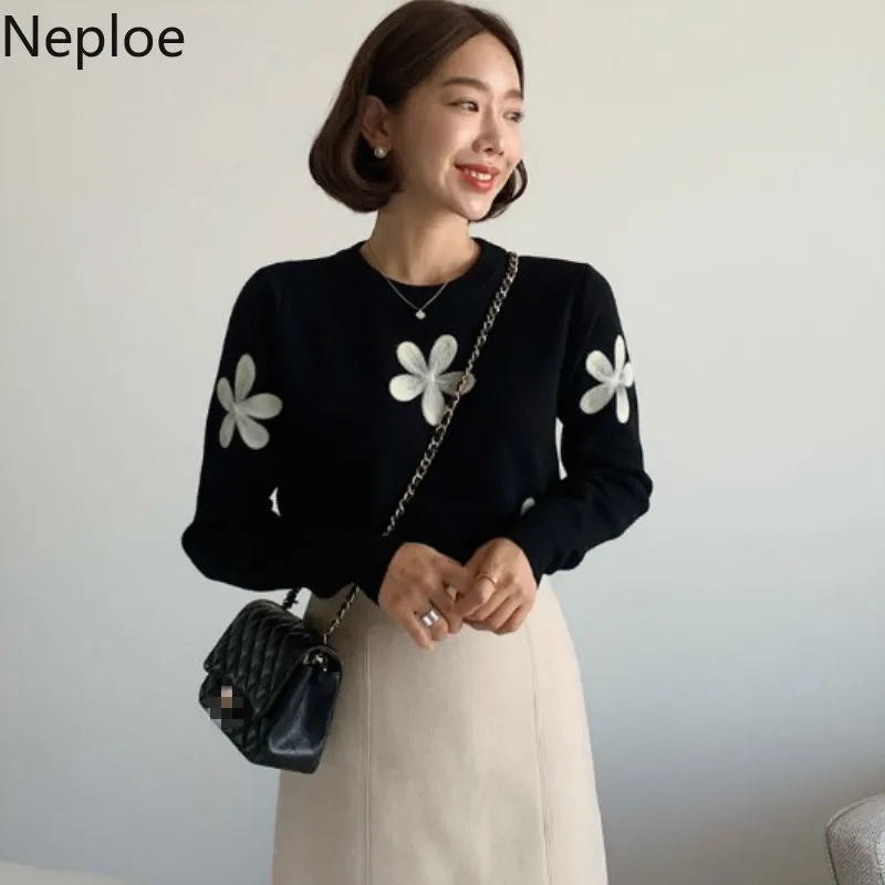 Женский свитер с круглым вырезом и длинным рукавом Neploe Однотонный цветочной
