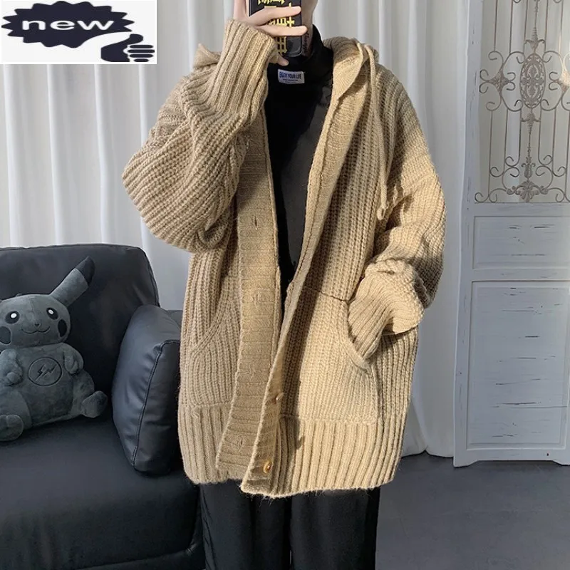 Harajuku Oversized Mens Hoody Long Sweater Jacket Loose Fit Single Breasted Retro Knitted Cardigan Man Autumn Knitwear Cardigans