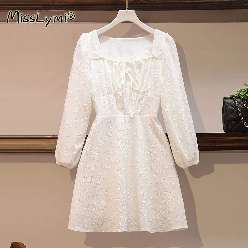 M XXXL женское жаккардовое платье с белым цветком осень 2020 трапециевидной формы