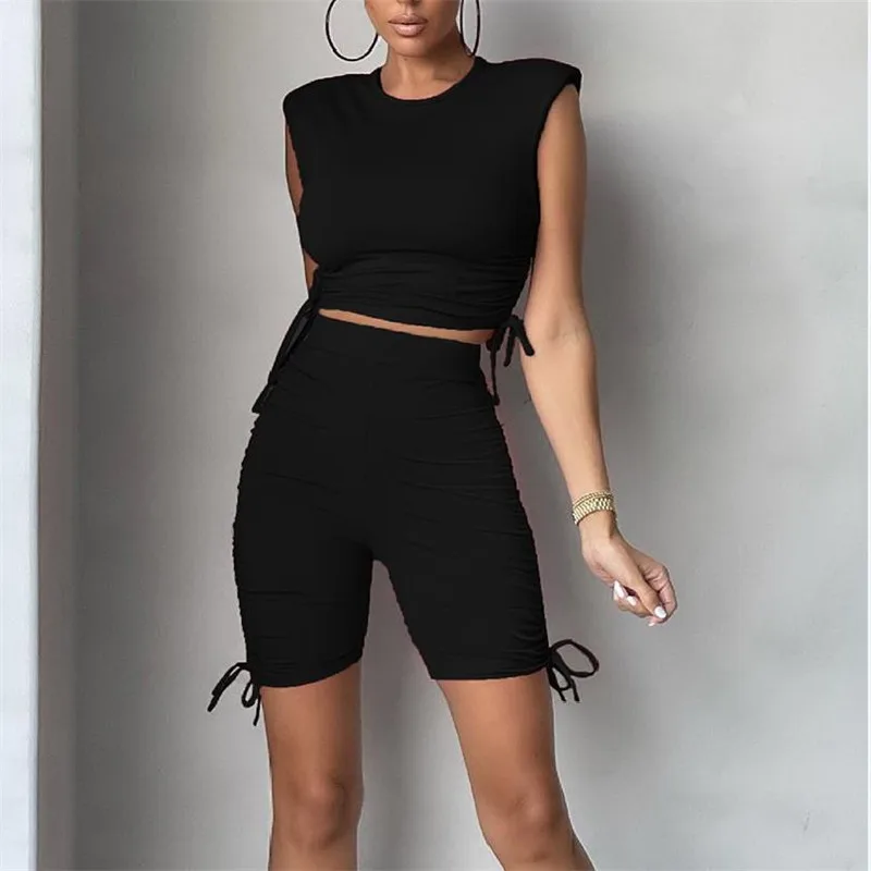 

Women Solid Color Yoga Running Set Side Drawstrings Ruched Sportswear Sleeveless O-neck Cropped Tops+High Waist Shorts Female