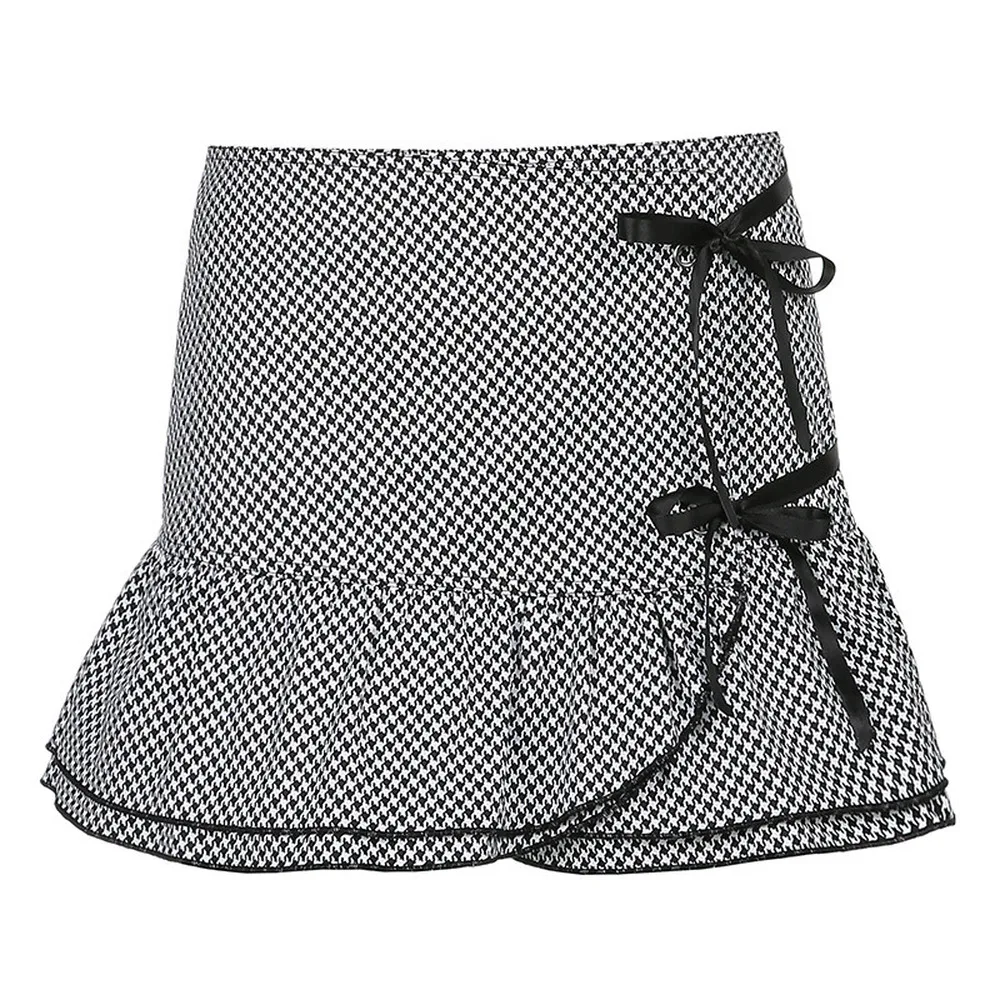 

2021New Vintage Goth Aesthetic Plaid Pleated Skirts Woman Dark Academia Fashion Bow Kawaii Clothes Waistband Low Rise Mini Skirt