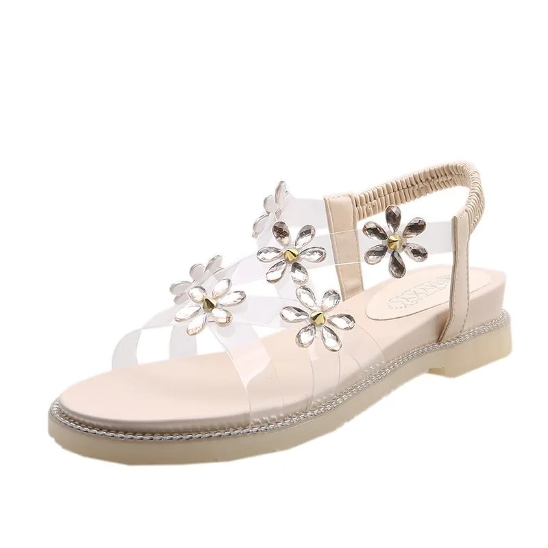 

Female Sandal Clogs With Heel Muffins shoe 2021 Women's Ladies Shoes Summer Girls Thick Flat New Comfort Rhinestone Lace Up Beig