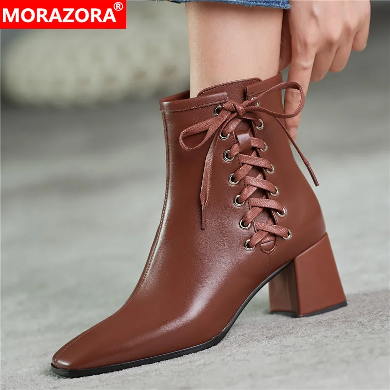 

MORAZORA 2021 New Nature genuine leather boots women lace up square toe brand autumn winter ankle boots fashion botas female