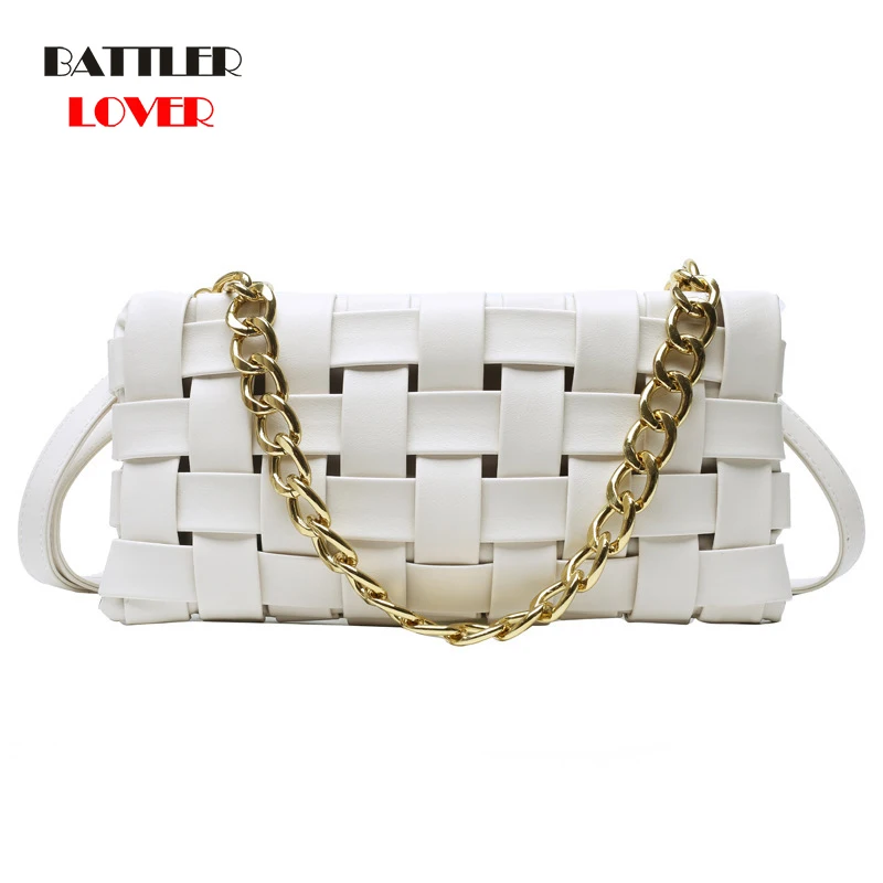 

Weave Design Leather Crossbody Bags For Women 2021 Luxury Solid Color Shoulder Handbags Chain Cross Body Bag Baguette Armpit Bag