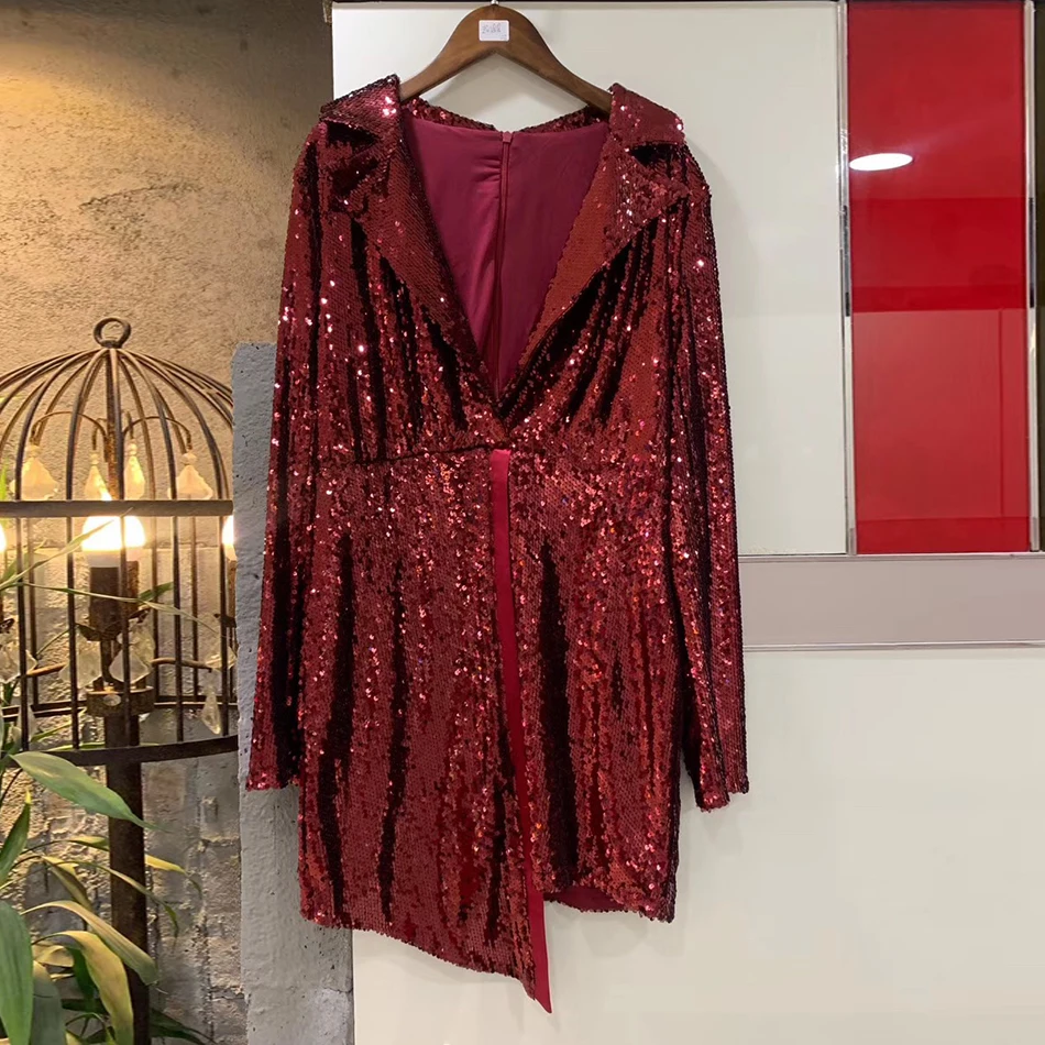 

Modphy 2020 Fashion New Women Red Wine Sequin Mini Dress Sexy Deep V-Neck Long Sleeve Club Party Bodycon Belt Dress Vestidos