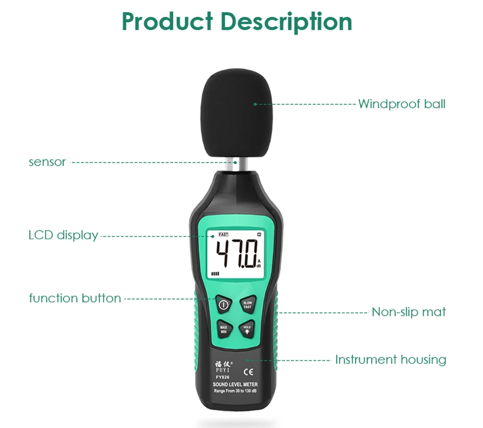 Digital Sound Level Meter 30-130dB Noise Volume Measuring Instrument Decibel Monitoring Tester Fast/Slow Two Modes Sound Meter