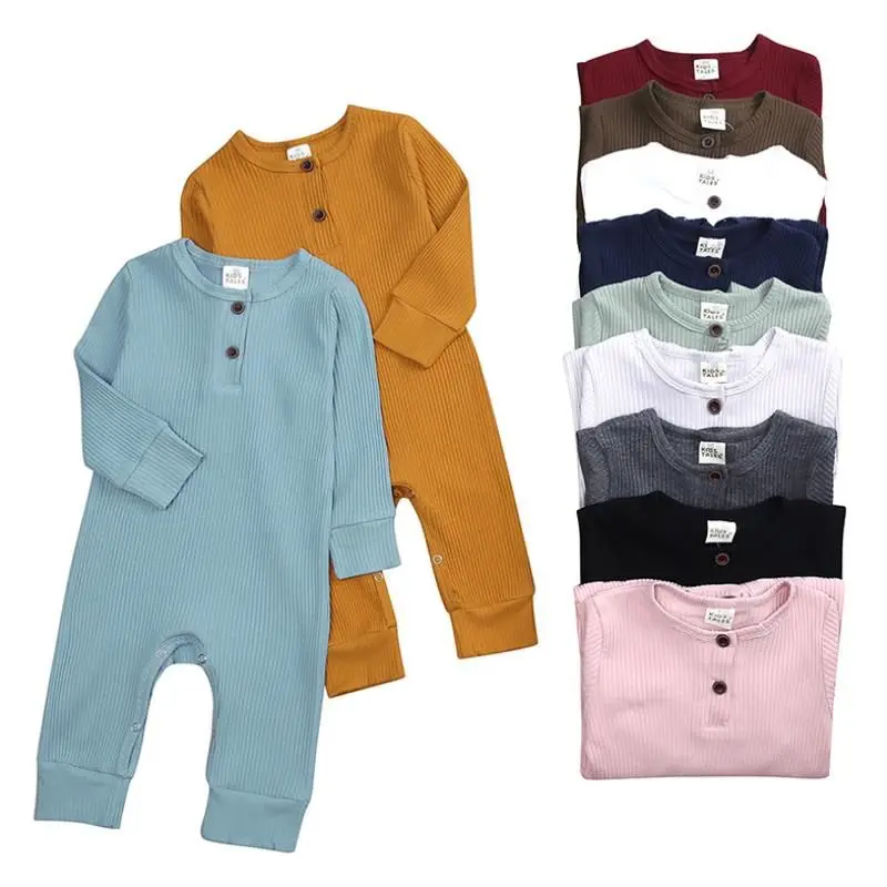 

2021 New born Baby Boys Girls Solid Romper With Cotton Kids Girls Long Sleeve Ribbed Jumpsuit Spring Autumn Clothes 0-24M