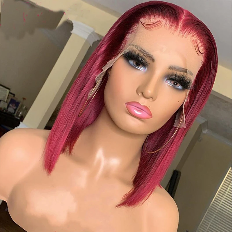 

Wine Red Color Short Bob 100%Human Hair Glueless T Part Lace Front Lace Wig With Baby Hair Breathable Mesh Cap Adjustable Strap