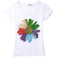 summer flower print short sleeve tshirts cotton women hot drilling tees casual round neck white t shirts tops