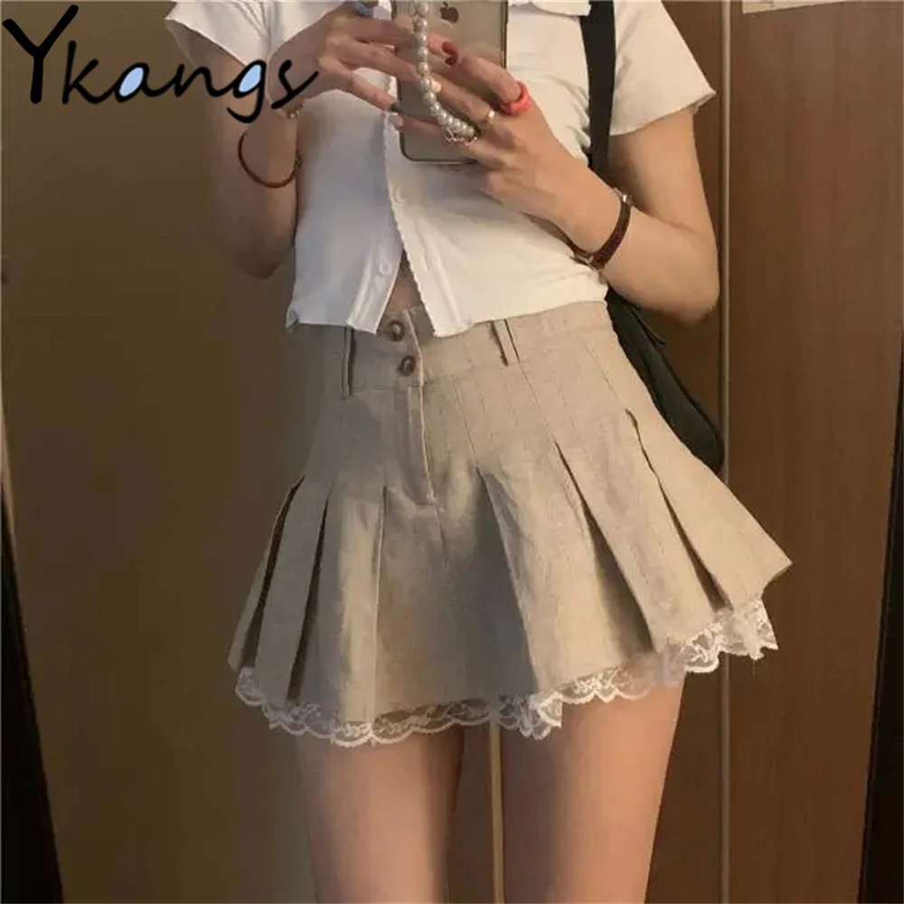 

Cute Lace Trim Casual Pleated Skirts Preppy Style Sweet Button-Up High Waist Mini Skirt Korean Student Kawaii Khaki Short Skirt