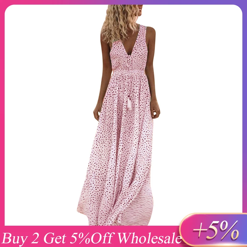Женское летнее длинное платье без рукавов в горошек с глубоким V-образным вырезом