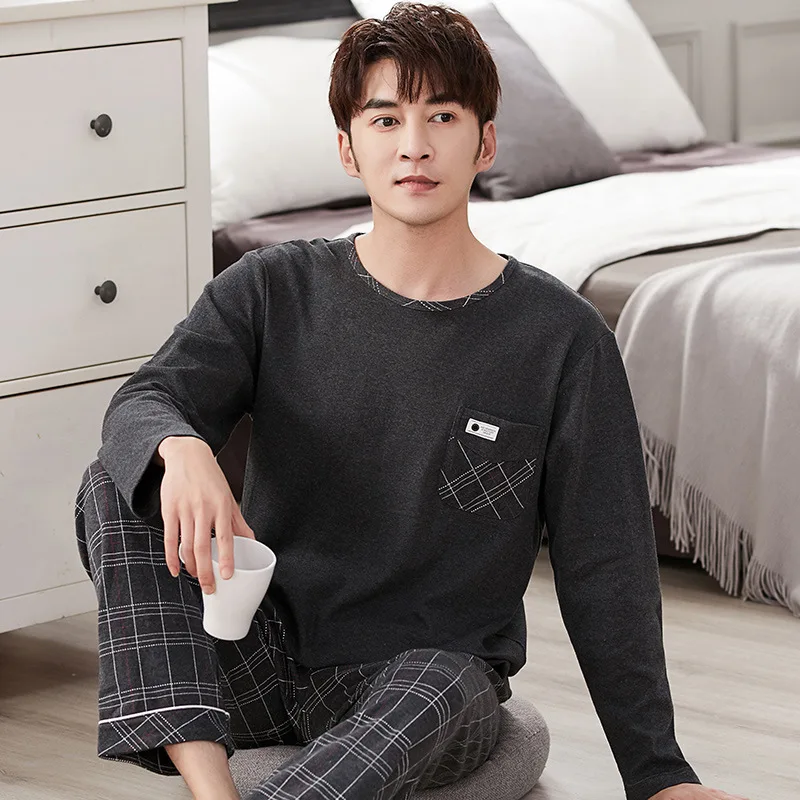

Pajamas Men's Long-sleeved Spring and Autumn Korean Plaid Casual Large Size Thin Men's Cotton Home Service Suit Pyjama Homme New