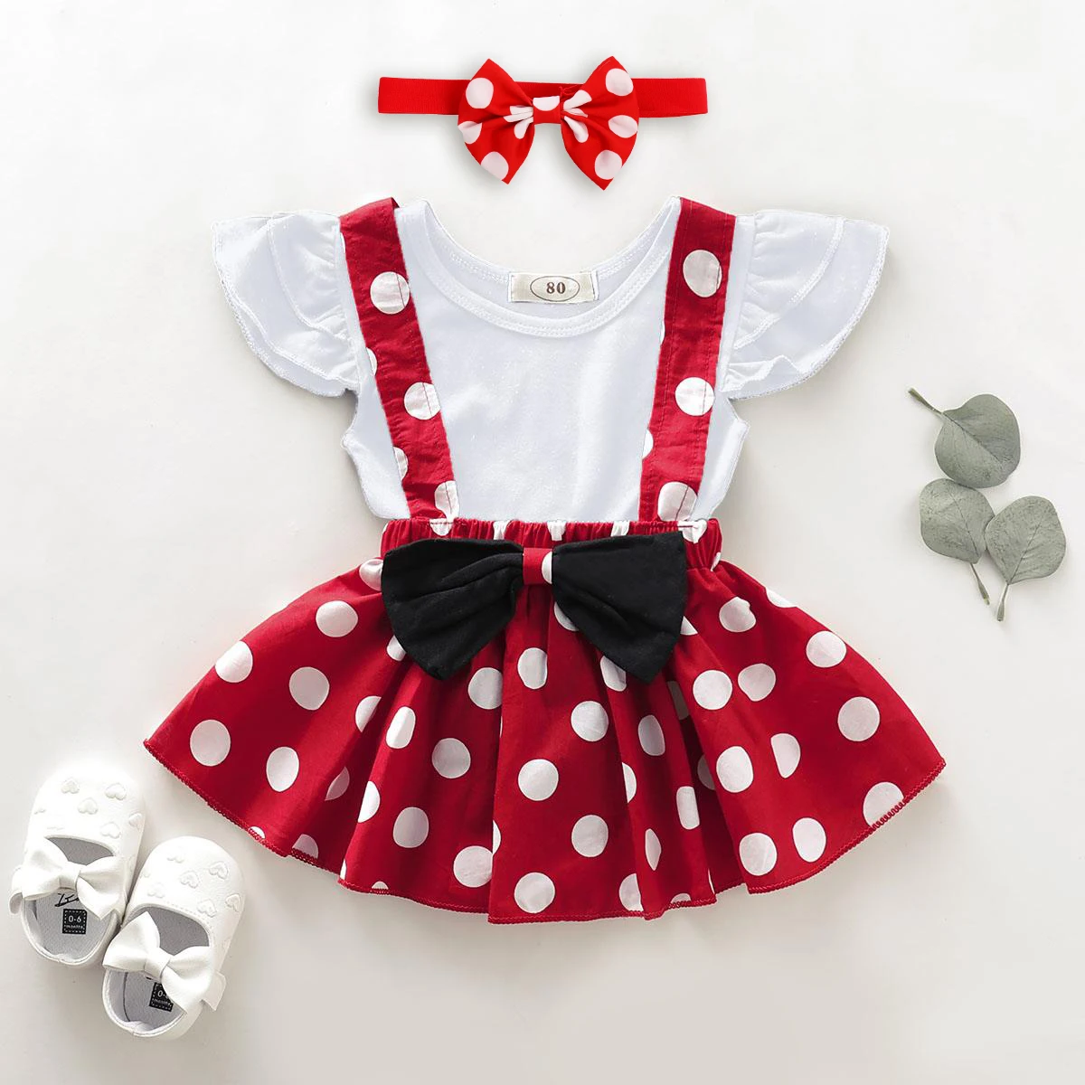 0-4Y Baby Girls Ruffled Short Sleeves/Long Sleeve + Polka Dot Suspender Dress + Headband Cute Baby Beautiful Cotton Clothing
