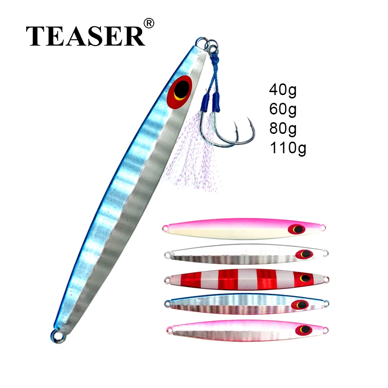 

TEASER 40g 60g 80g 110g Slow Fall Sinking Fishing Jig Lure Micro Jigging Crankbait With Assist Hooks Artificial Glow Jigs Tackle