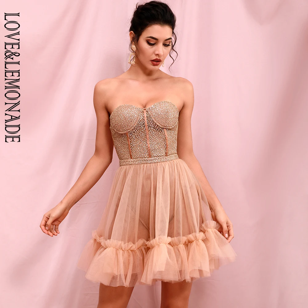 Женское мини-платье LOVE &amp LEMONADE золотистое прозрачное Сетчатое Пышное вечерние