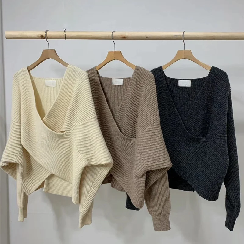 

Fashion V-neck Cross Women's Sweater Jumpers Streetwear Loose Knitwear Autumn Winter Solid Female KnittedPullovers Crop Sweater