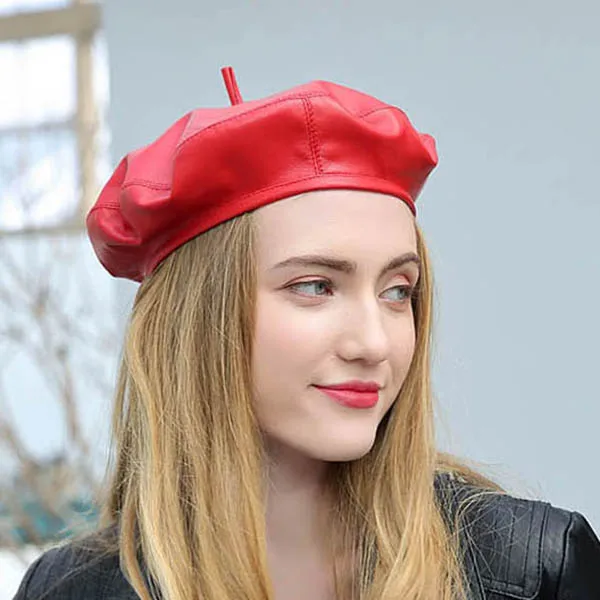 Фибоначчи, Модный берет из натуральной кожи, высокое качество, овчина, новинка, женская шапка, тыква, художница, французские береты - Цвет: Красный