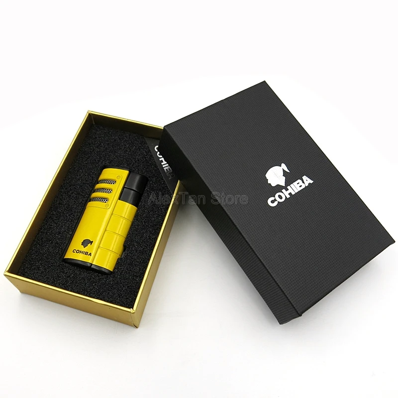 COHIBA Классическая Металлическая ветрозащитная желтая карманная портативная сигаретная зажигалка 3 фонарь Jet Flame W/Подарочная коробка
