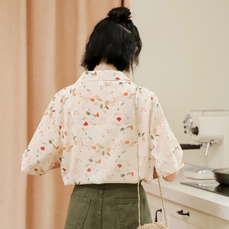 Блузка женская однобортная с принтом Свободная шифоновая рубашка отложным